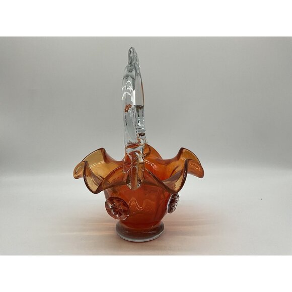 Vintage Hungarian Art Glass Burnt Orange And Clear 10 Inch Basket Collectible - Picture 13 of 16